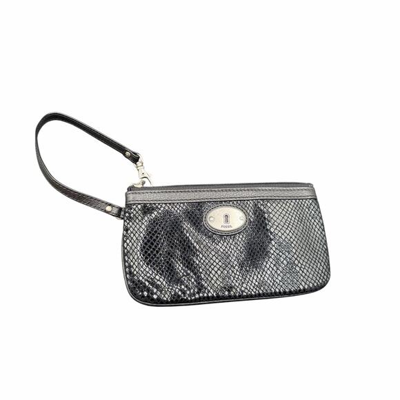 Fossil Editor Black Snake Print Wristlet Wallet Zip Pouch - Picture 1 of 6
